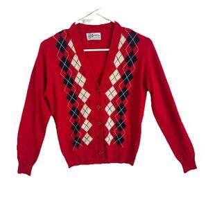 Lyle & Scott Scotland Women M 100% Wool Red Plaid Sweater Cardigan Scottish